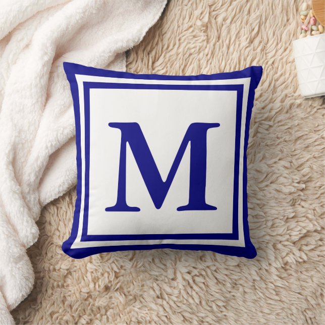 Traditional White and Navy Blue Monogram Template Throw Pillow (Blanket)