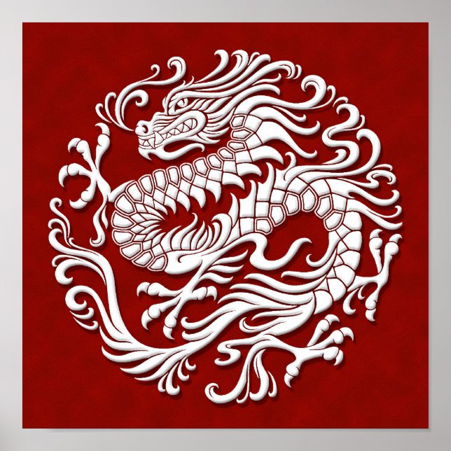 Traditional White and Red Chinese Dragon Circle Poster (Front)