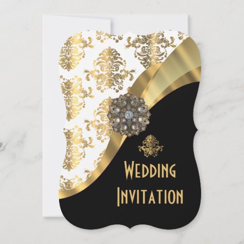 Traditional white black and gold damask wedding invitation