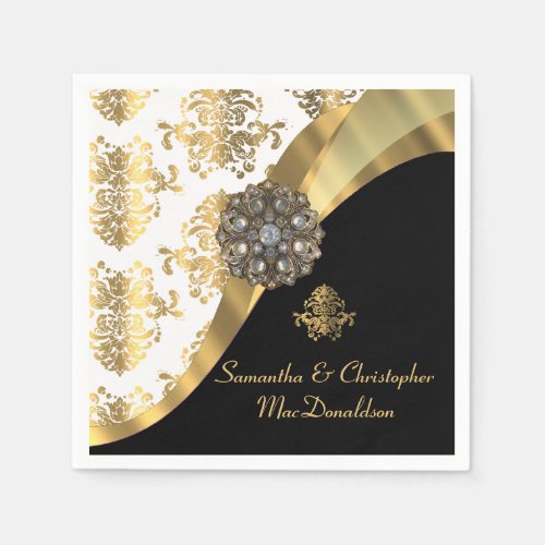 Traditional white black and gold damask wedding paper napkins