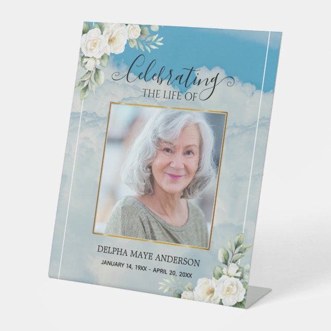 Traditional White Blue Floral Celebration of Life Pedestal Sign (Front)