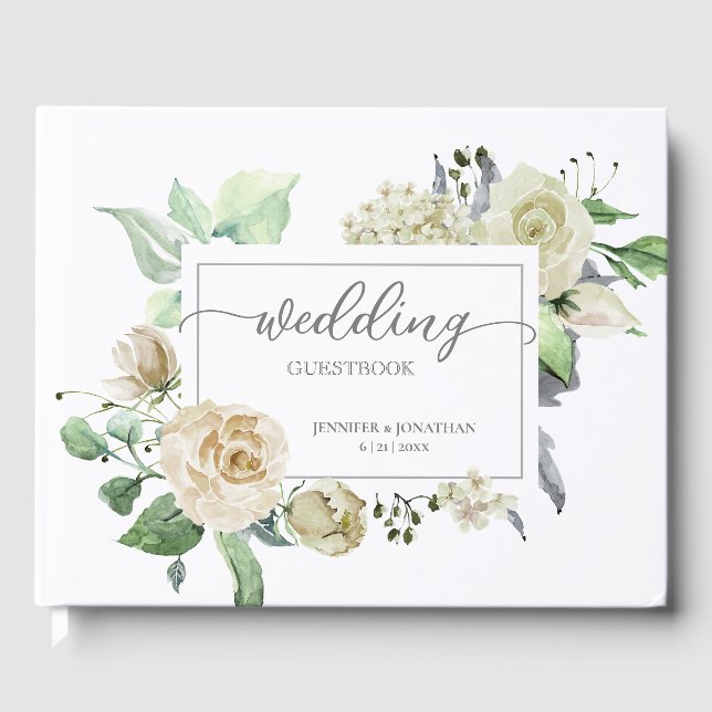 Traditional White Floral Frame Wedding Guest Book (Front)