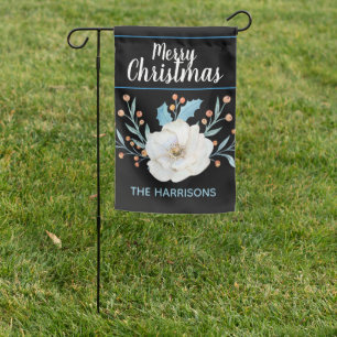 Traditional White Floral Personalized Christmas Garden Flag