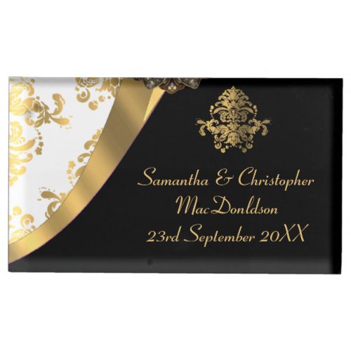 Traditional white gold and black damask wedding table card holder