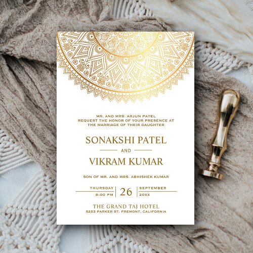 Traditional White Gold Mandala Indian Wedding Invitation