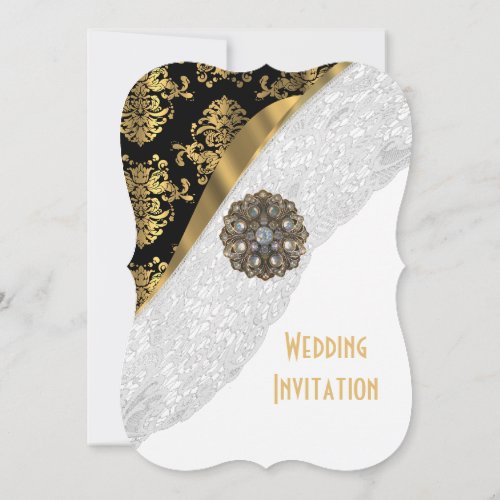 Traditional white lace black and gold wedding invitation