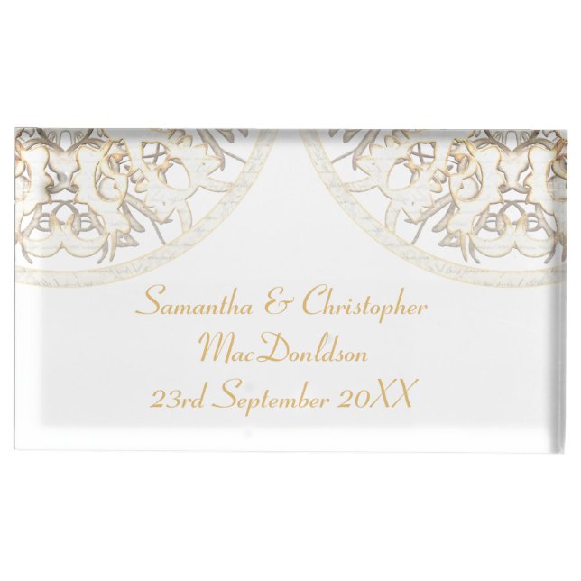 Traditional white lace old damask wedding table card holder (Front)