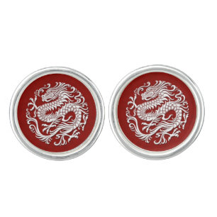 Traditional White on Red Chinese Dragon Circle Cufflinks