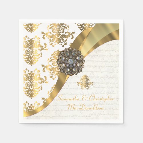 Traditional white parchment gold damask wedding paper napkins