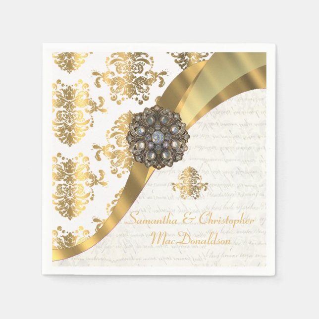 Traditional white parchment gold damask wedding paper napkins (Front)