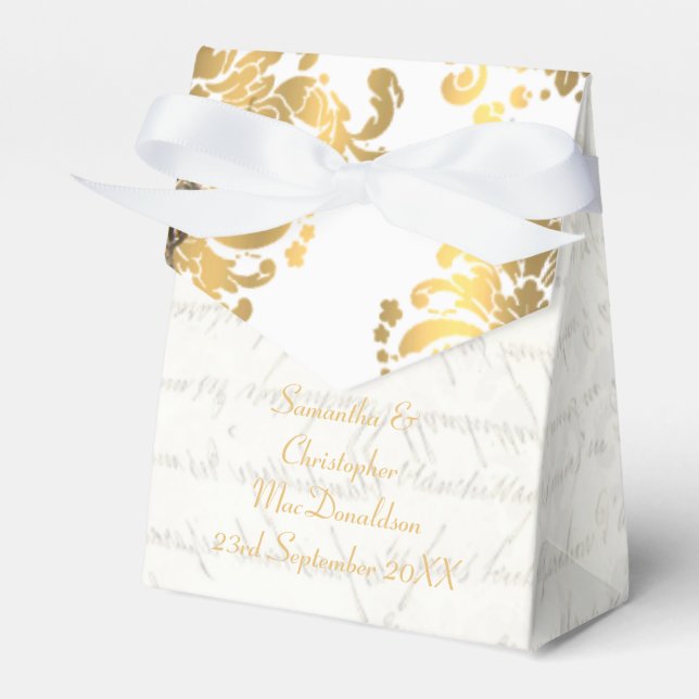 Traditional white parchmentand gold damask wedding favor boxes (Front Side)