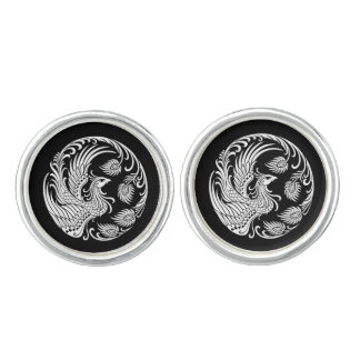 Traditional White Phoenix Circle on Black Cufflinks