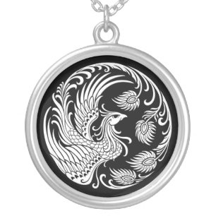 Traditional White Phoenix Circle on Black Silver Plated Necklace