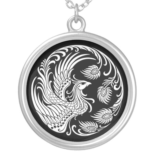 Traditional White Phoenix Circle on Black Silver Plated Necklace (Front)