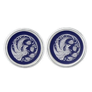 Traditional White Phoenix Circle on Blue Cufflinks