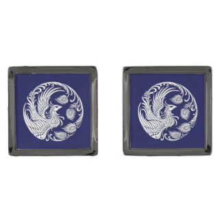 Traditional White Phoenix Circle on Blue Gunmetal Finish Cufflinks