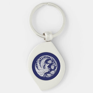 Traditional White Phoenix Circle on Blue Keychain