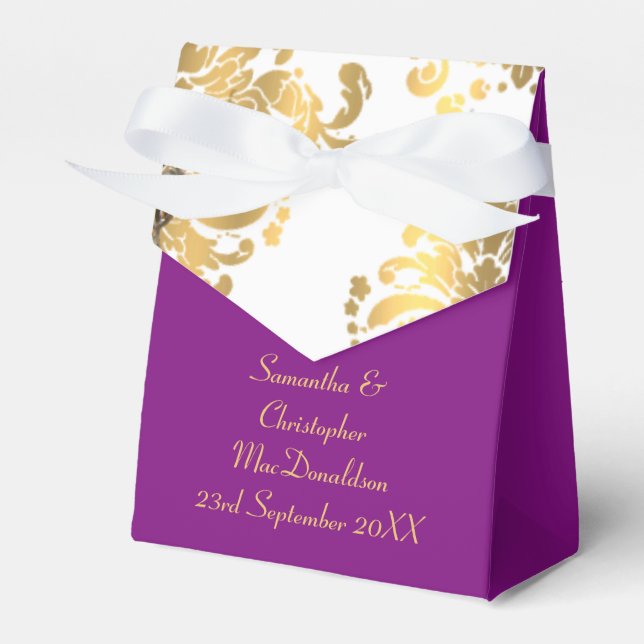Traditional white, purple and gold damask wedding favor boxes (Front Side)