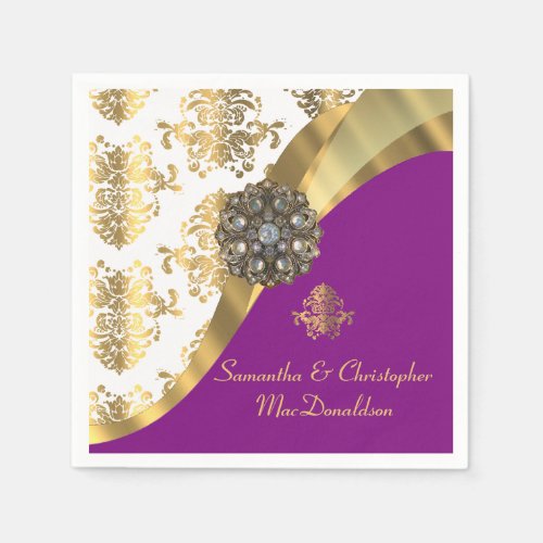 Traditional white purple and gold damask wedding napkins