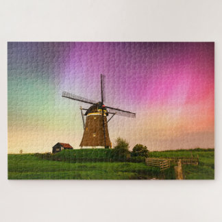 Traditional windmill under the Northern Lights Jigsaw Puzzle