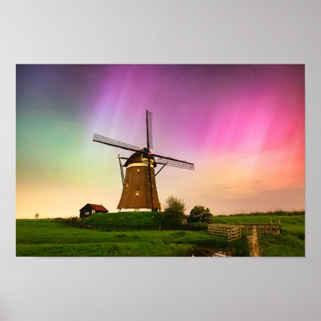 Traditional windmill under the Northern Lights Poster (Front)