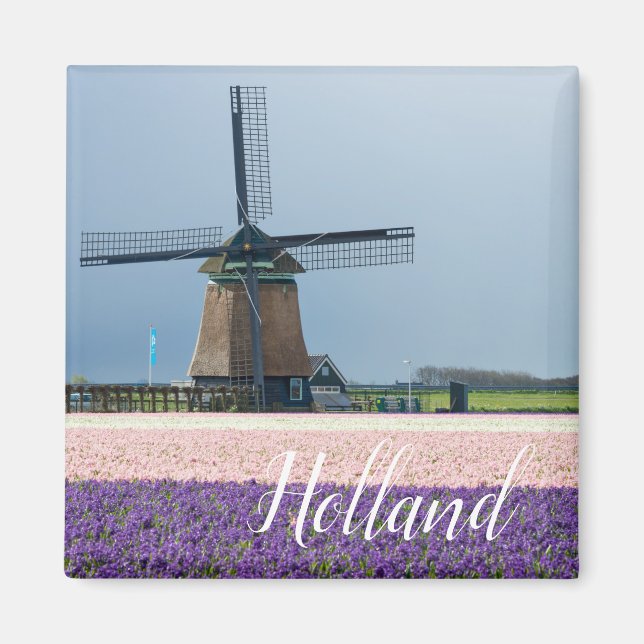 Traditional windmill with pink and purple flowers magnet (Front)
