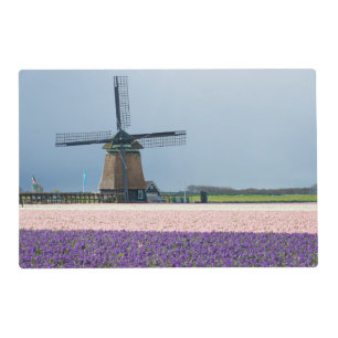 Traditional windmill with pink and purple flowers placemat