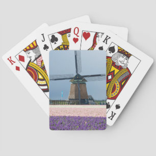 Traditional windmill with pink and purple flowers poker cards