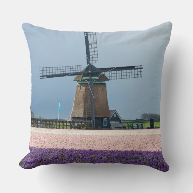 Traditional windmill with pink and purple flowers throw pillow (Front)