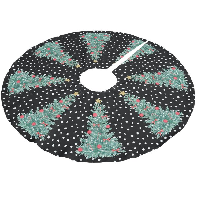 Traditional Winter Snow Black Christmas Tree Brushed Polyester Tree Skirt (Angled)