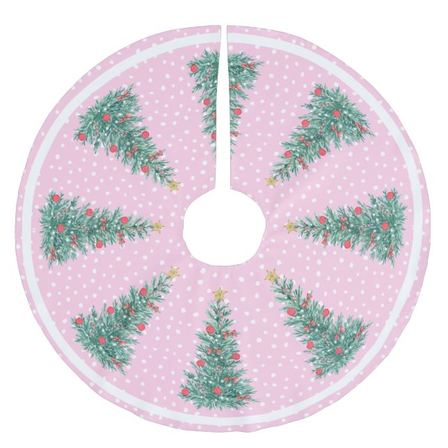 Traditional Winter Snow Pink Christmas Tree Brushed Polyester Tree Skirt (Front)