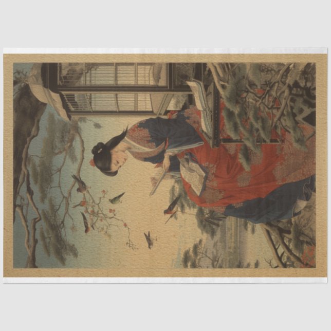 Traditional Woodblock Japan Girl With Book Tissue Paper (Front)