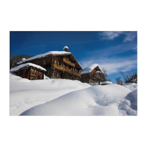 Traditional wooden cabins in de snow acrylic print