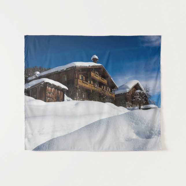 Traditional wooden cabins in de snow tapestry (Front (Horizontal))