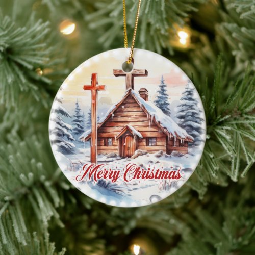 Traditional wooden Christian church festive lights Ceramic Ornament