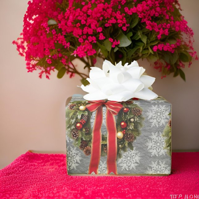 Traditional Wreaths Red Bow on Steel Gray Wrapping Paper (Creator Uploaded)