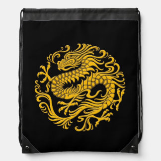 Traditional Yellow and Black Chinese Dragon Circle Drawstring Bag