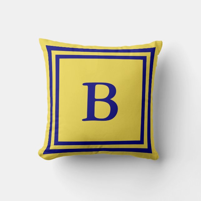 Traditional Yellow and Navy Blue Monogram Throw Pillow (Front)