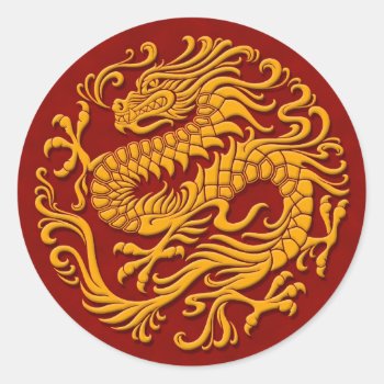 Traditional Yellow And Red Chinese Dragon Circle Classic Round Sticker by JeffBartels at Zazzle