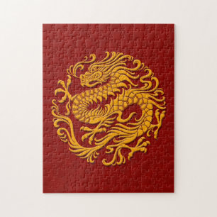 Traditional Yellow and Red Chinese Dragon Circle Jigsaw Puzzle