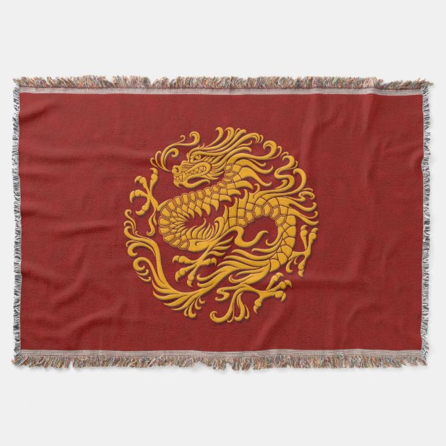 Traditional Yellow on Red Chinese Dragon Circle Throw Blanket (Front)