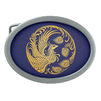 Traditional Yellow Phoenix Circle on Blue Oval Belt Buckle