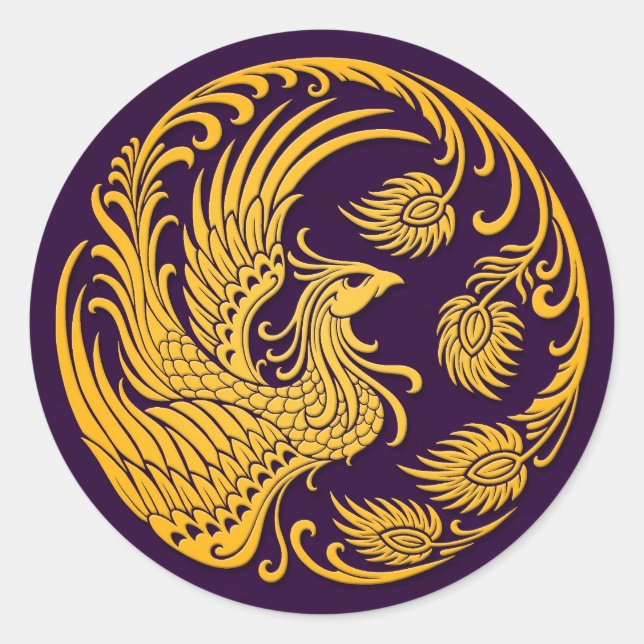 Traditional Yellow Phoenix Circle on Purple Classic Round Sticker (Front)