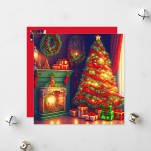 Traditionally Vintage style Christmas tree, firepl Holiday Card