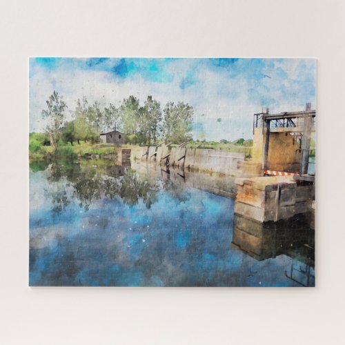 Traditionelles Nadelwehr am Fluss Havel Aquarell Jigsaw Puzzle