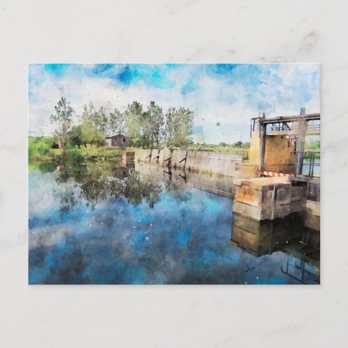 Traditionelles Nadelwehr am Fluss Havel Aquarell Postcard