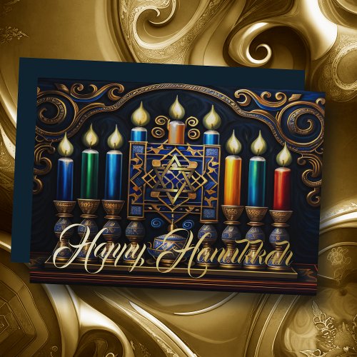 Tradtional Vintage Menorah Happy Hanukkah Foil Holiday Card