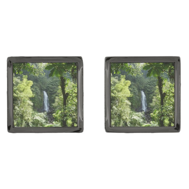 Trafalgar Falls Tropical Rainforest Photography Gunmetal Finish Cufflinks (Front)