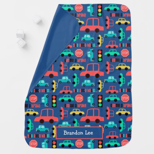 Traffic Cars Pattern on Blue Personalized Baby Blanket