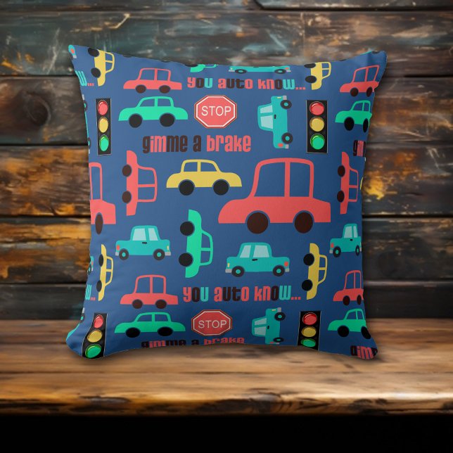 Traffic Cars Pattern on Blue Throw Pillow (Creator Uploaded)